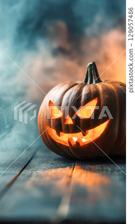 Jack-o'-lantern glowing in the dark with smoke surrounding it, creating an eerie Halloween atmosphere and showcasing festive seasonal decor 129057486