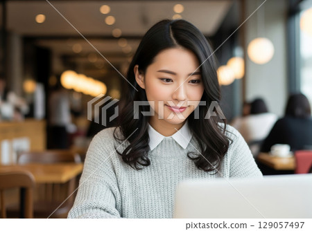Remote work: A woman working on a computer with a satisfied expression in a stylish cafe Remote work: A woman working on a computer with a satisfied expression in a stylish cafe 129057497