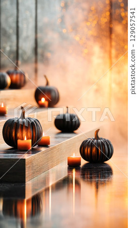 Black pumpkins and candles arranged on wooden steps create a warm, inviting atmosphere, perfect for autumn celebrations and seasonal decor inspiration 129057541