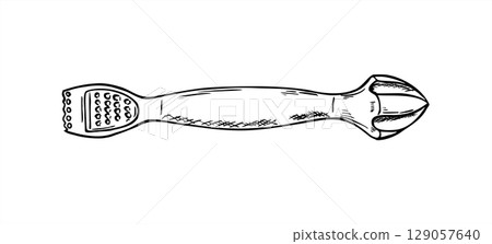 Bartender citrus zester and juicer tool vector illustration painted by black inks. Monochrome fruit stainless scraper line art sketch. Hand drawn equipment for cocktail recipe book, tutorial. Bartender citrus zester and juicer tool vector illustration painted by black inks. Monochrome fruit stainless scraper line art sketch. Hand drawn equipment for cocktail recipe book, tutorial. 129057640