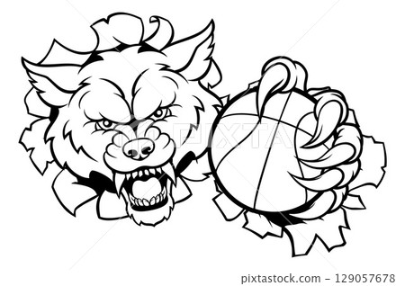 Wolf Holding Basketball Ball Sports Mascot 129057678