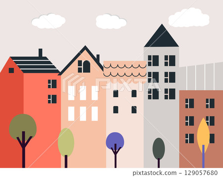 Flat Vector City Street with Minimal Colorful Houses and Trees Flat Vector City Street with Minimal Colorful Houses and Trees 129057680
