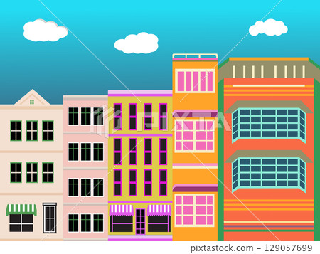 Flat Minimalist Vector Illustration of Colorful City Buildings in Modern Geometric Style 129057699