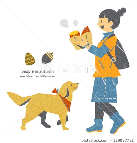 A girl and her dog enjoying autumn - A colorful and fun hand-drawn illustration 129057751
