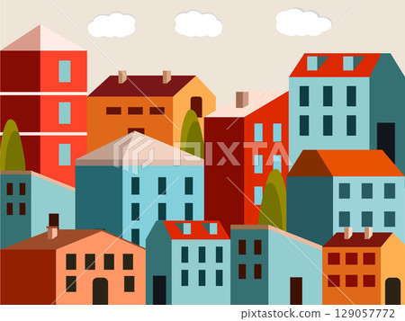 Flat Vector Illustration of Colorful City Buildings with Simple Trees Flat Vector Illustration of Colorful City Buildings with Simple Trees 129057772