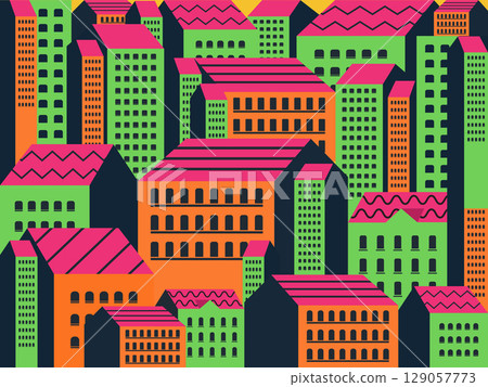 Flat Design Colorful Geometric Cityscape with Abstract Buildings 129057773