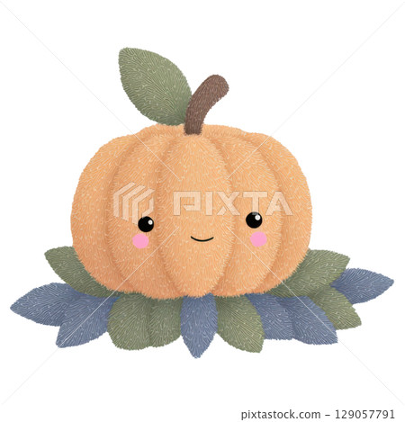 Cute pumpkin with smiling face surrounded by soft leaves, perfect for Halloween decorations or festive designs Cute pumpkin with smiling face surrounded by soft leaves, perfect for Halloween decorations or festive designs 129057791