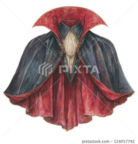 Detailed illustration of vampire cloak with dramatic high collar and intricate red and black design, perfect for Halloween Detailed illustration of vampire cloak with dramatic high collar and intricate red and black design, perfect for Halloween 129057792