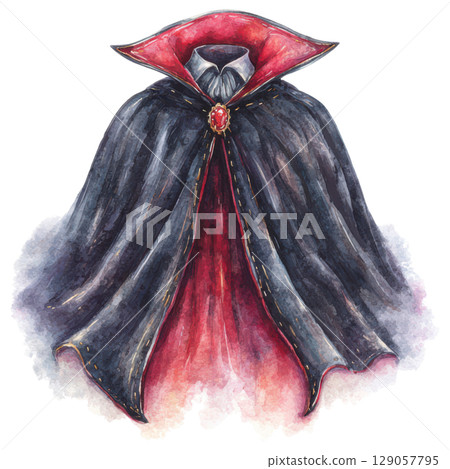 Spooky vampire cloak with red interior and gemstone clasp, perfect for Halloween costumes or decorations Spooky vampire cloak with red interior and gemstone clasp, perfect for Halloween costumes or decorations 129057795