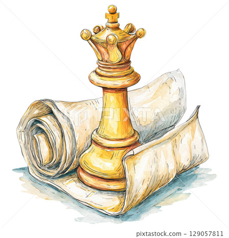 Golden chess queen stands atop rolled parchment, symbolizing strategy and wisdom in creative artistic style 129057811