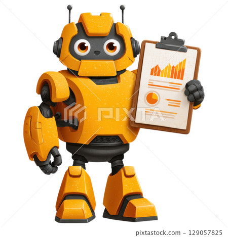 Cheerful orange robot holding clipboard with charts and graphs, showcasing data analysis and futuristic design Cheerful orange robot holding clipboard with charts and graphs, showcasing data analysis and futuristic design 129057825