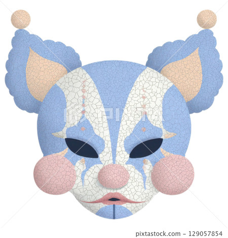 Cracked ceramic mask with Halloween theme, featuring clown like design pastel blue and white, with pink cheeks and pointed 129057854