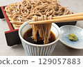 Zaru Soba Noodles with Dipping Sauce and Chopsticks 129057883