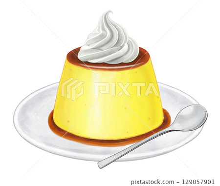 Pudding illustration - Whipped cream on 1 plate with spoon 129057901
