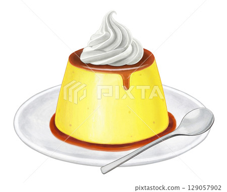 布丁插圖 - 2 個盤子,配有生奶油和勺子 布丁插圖 - 2 個盤子,配有生奶油和勺子 129057902