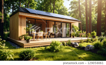 A sustainable modern wooden house that blends into the forest 129058061