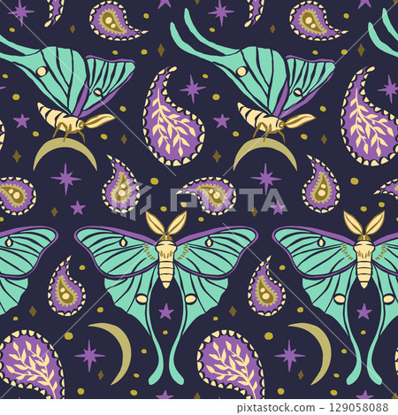 Seamless pattern with teal luna moth and paisley on dark blue background. Stars and moons boho wallpaper. Nocturnal butterfly background 129058088