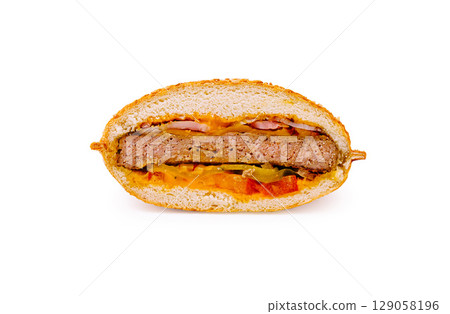 Savory hamburger showcasing layers of beef, cheese, and fresh vegetables Savory hamburger showcasing layers of beef, cheese, and fresh vegetables 129058196