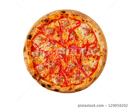 Delicious pizza topped with sausage and drizzled with red sauce Delicious pizza topped with sausage and drizzled with red sauce 129058202