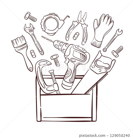 Line art style illustration of various repair tool including drill, saw, pliers, wrench and hammer in a toolbox isolated on white background. Perfect for construction repair card and flyer design. 129058240