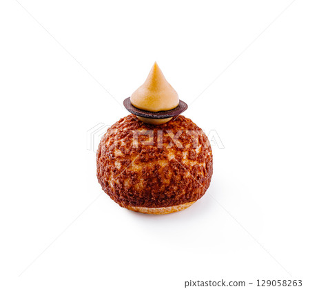 Chocolate and caramel cream topped pastry on a white background 129058263