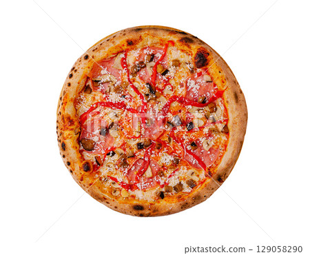 Delicious gourmet pizza topped with ham, mushrooms, and cheese 129058290
