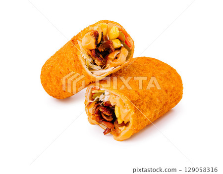 Delicious fried snacks filled with seafood and vegetables on a white background Delicious fried snacks filled with seafood and vegetables on a white background 129058316