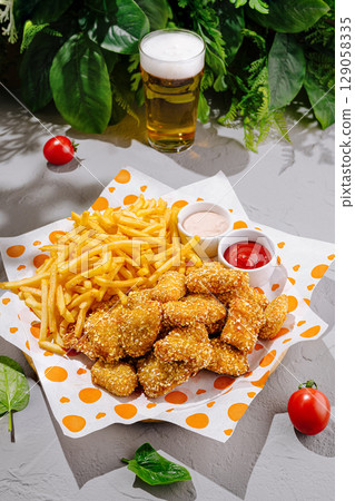 Delicious crispy chicken nuggets with fries served in a casual dining setting 129058335