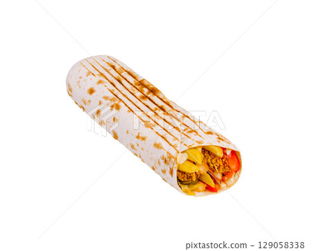 Delicious wrap filled with colorful vegetables and savory protein option Delicious wrap filled with colorful vegetables and savory protein option 129058338