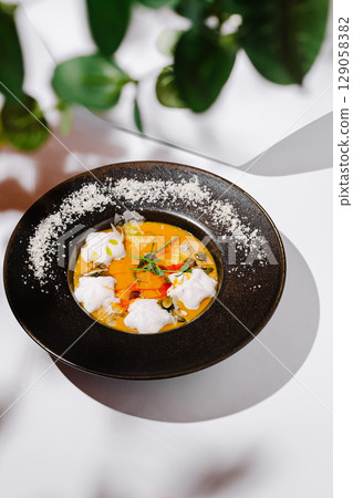 Delicate dish of colorful sauce with herbs served in a dark bowl 129058382