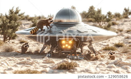 Raccoons explore futuristic UFO in desert landscape background Raccoons explore futuristic UFO in desert landscape background 129058626