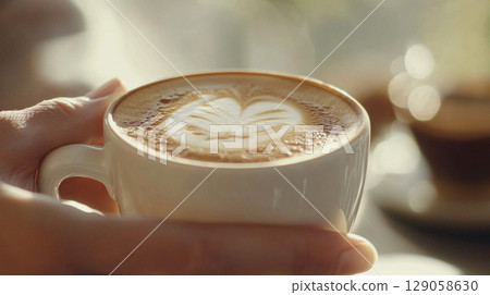 A woman holding cozy mug with latte art in warm setting, perfect for autumn background A woman holding cozy mug with latte art in warm setting, perfect for autumn background 129058630