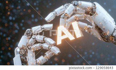 Robotic hands hold glowing AI letters, showcasing future technology concept 129058643