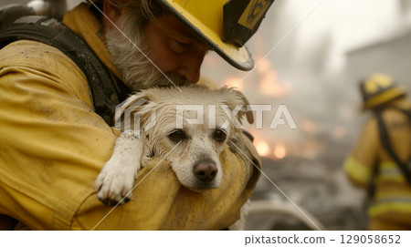 Firefighter holds rescued dog amidst rubble, showcasing rescue efforts Firefighter holds rescued dog amidst rubble, showcasing rescue efforts 129058652