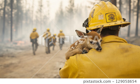 Firefighter holding fawn amidst forest aftermath, rescue theme 129058654
