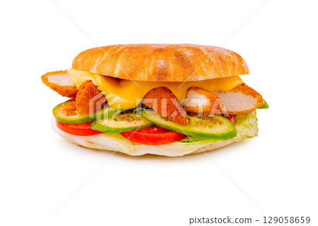 Delicious chicken sandwich with fresh vegetables and melted cheese Delicious chicken sandwich with fresh vegetables and melted cheese 129058659