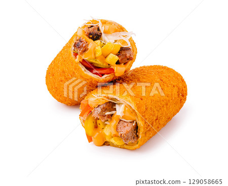 Deliciously crispy stuffed tortillas with meat and cheese filling 129058665