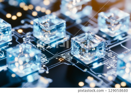 Crystal cubes on electronic circuit board showcasing digital technology Crystal cubes on electronic circuit board showcasing digital technology 129058680
