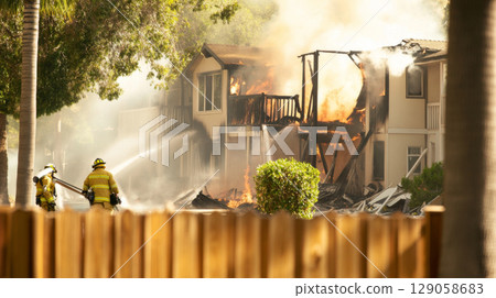 Firefighters responding to wildfire near residential area, wearing protective gear 129058683