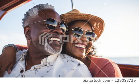 Happy middle-aged black couple enjoying yacht vacation under sunny sky 129058729