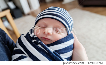 Newborn baby wrapped in soft blanket held in arms, featuring cozy home setting 129058761
