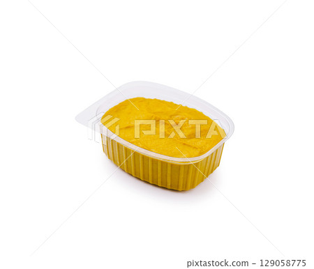 Chickpea dip served in a disposable container ready for snacking Chickpea dip served in a disposable container ready for snacking 129058775