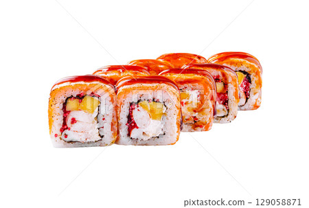 Delicious sushi rolls lined up ready to serve at a sushi restaurant Delicious sushi rolls lined up ready to serve at a sushi restaurant 129058871