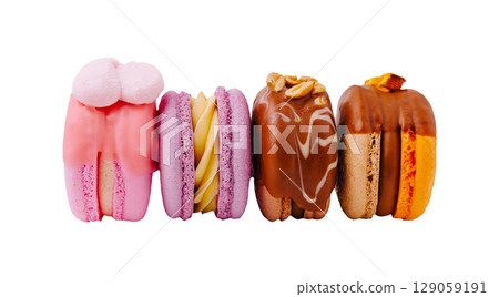 Colorful macarons arranged in a row showcasing various flavors and textures 129059191