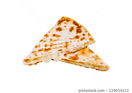 Melted cheese in crispy flatbread on a white background Melted cheese in crispy flatbread on a white background 129059222