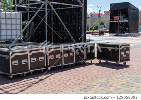 Concert equipment boxes placed near the stage 129059392