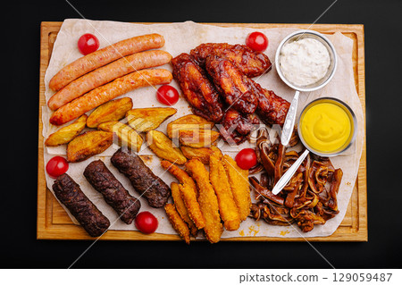 Delicious barbecue platter featuring sausages, chicken wings, and sides 129059487