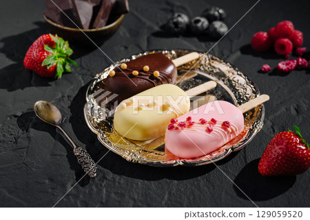 Indulgent ice cream bars served on a silver platter with fresh berries 129059520