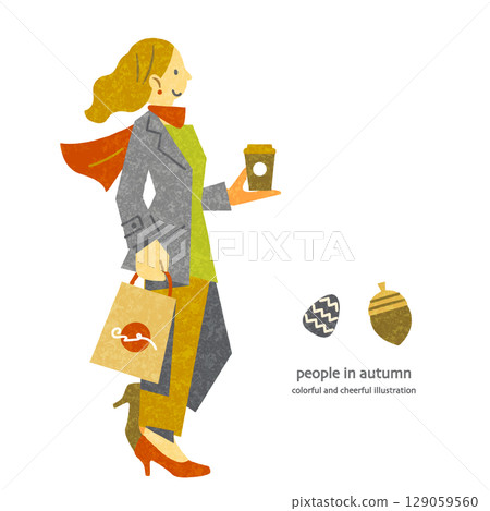 A young woman enjoying autumn. A colorful and fun hand-drawn illustration 129059560