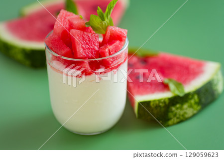 Bright watermelon pieces with morning yogurt 129059623